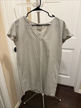 Madewell Striped V-Neck Midi Dress - Sage/Gray & Cream